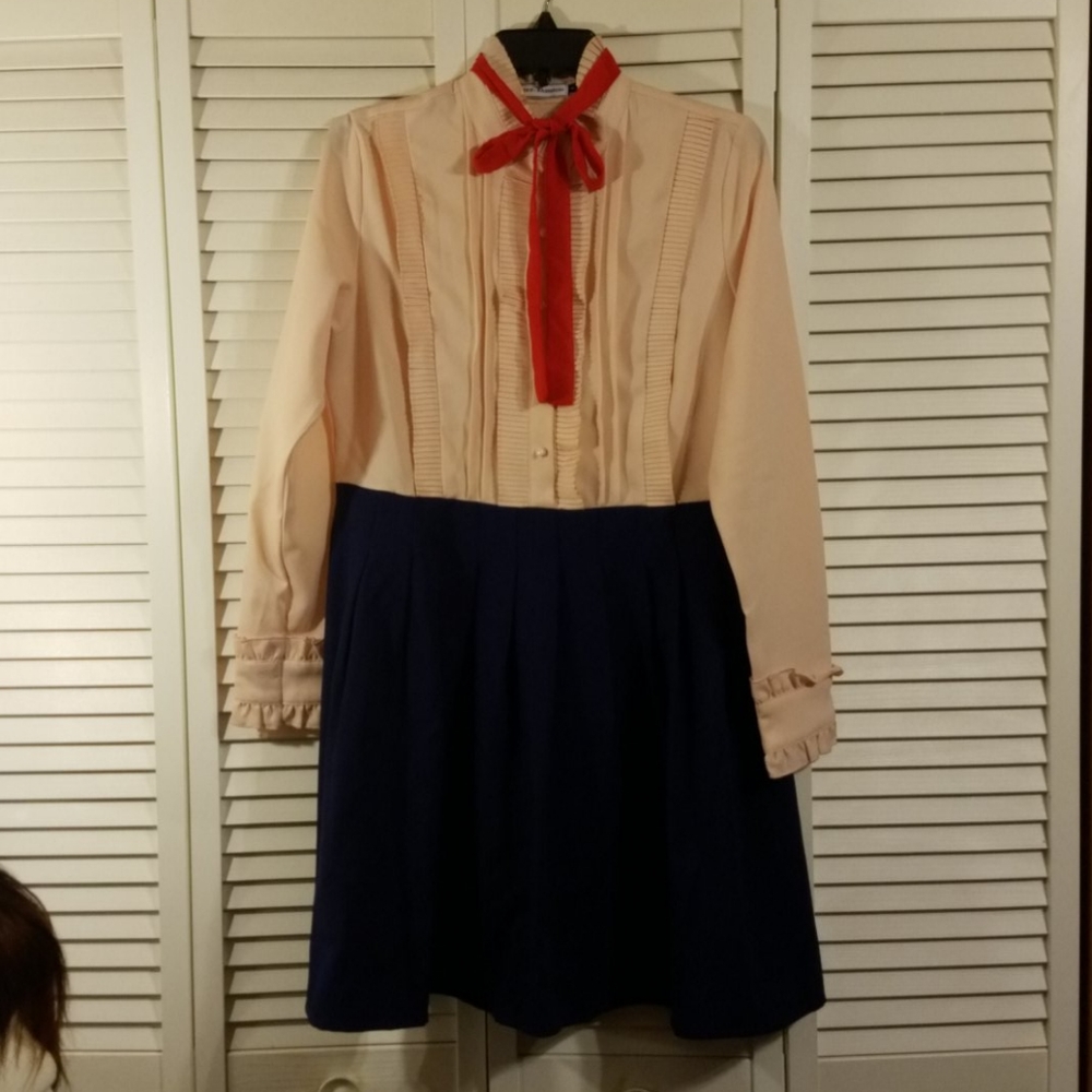Pink and navy ruffle collared dress